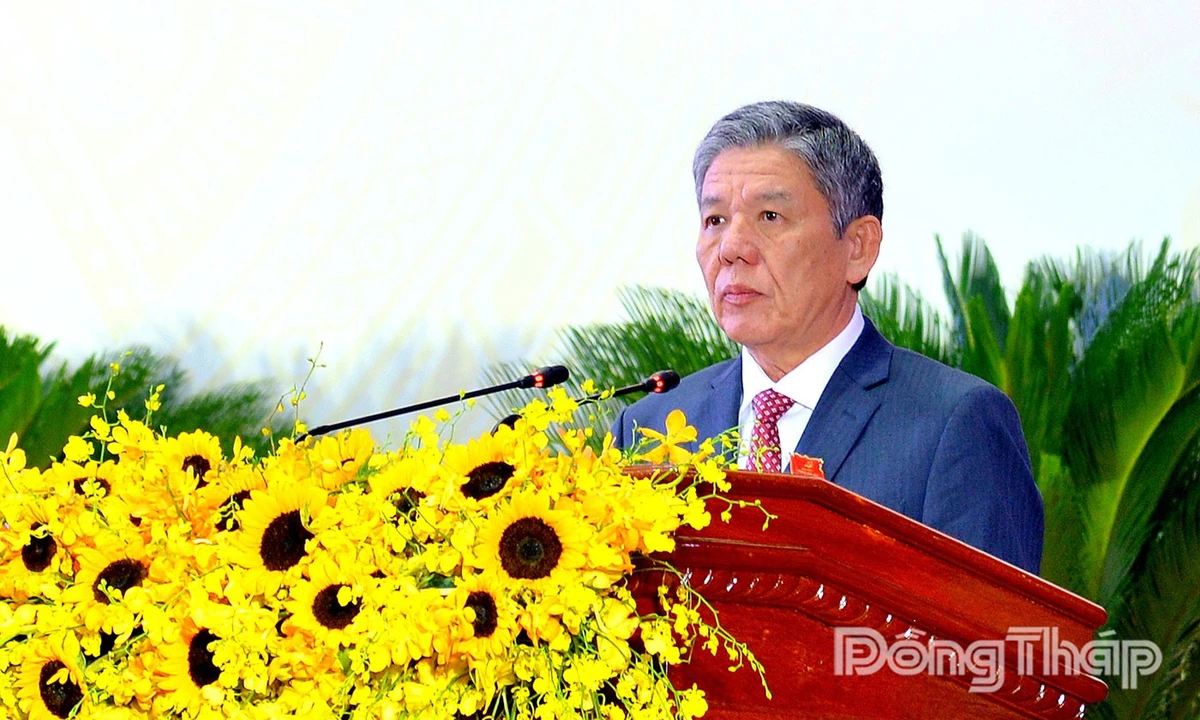 Đồng chí Ngô Chí Cường phát biểu tại Đại hội. (Ảnh: Báo Đồng Tháp)