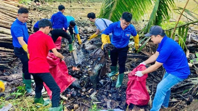 Thành viên Câu lạc bộ "Mỏ Cày Xanh" dọn dẹp vệ sinh môi trường.