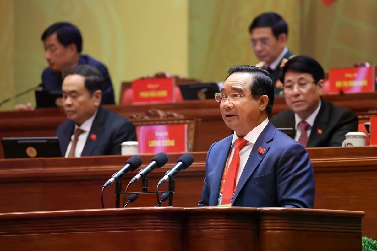 Đồng chí Nguyễn Văn Được, Ủy viên Trung ương Đảng, Phó Bí thư Thành ủy, Chủ tịch Ủy ban nhân dân Thành phố Hồ Chí Minh trình bày tham luận tại Đại hội XIV. Ảnh: TTXVN