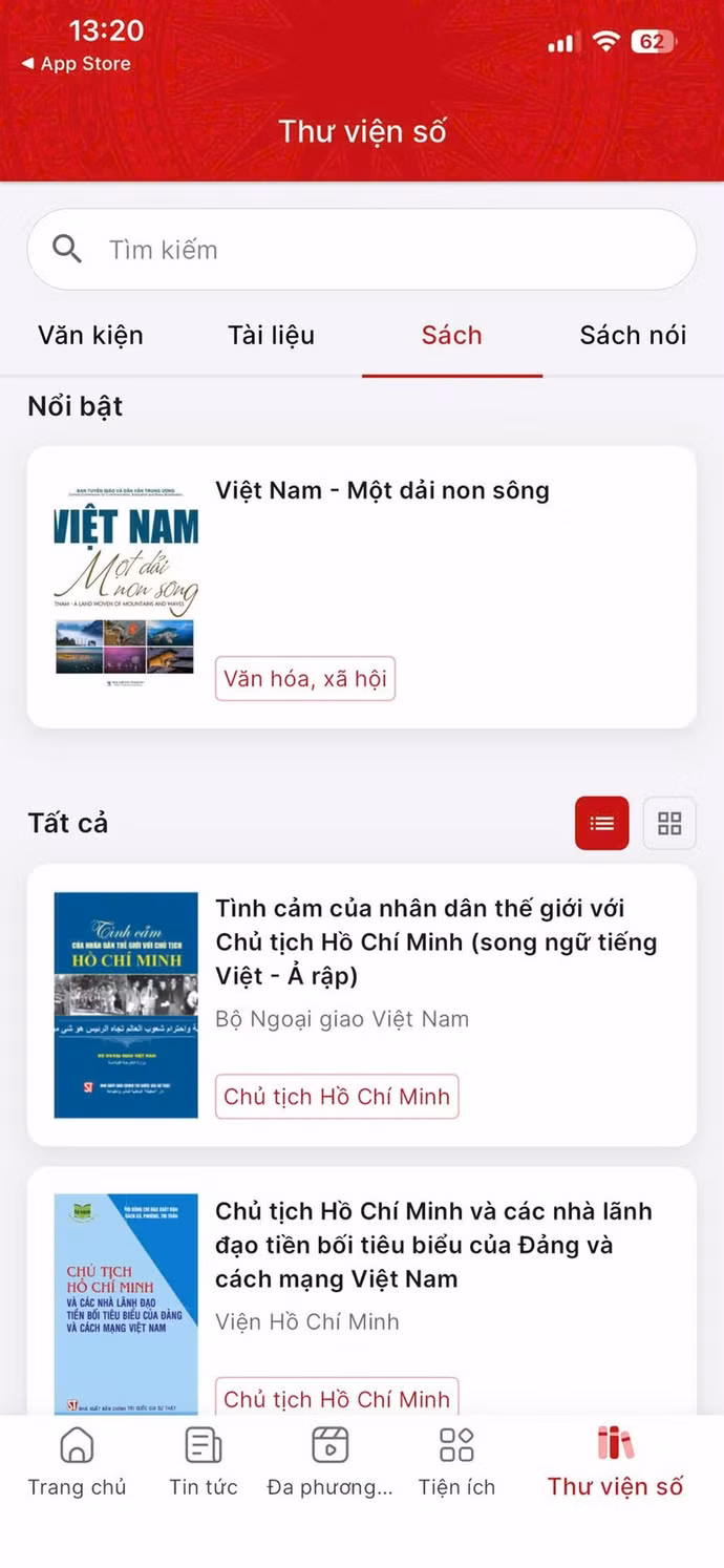 Thư viện số cung cấp không gian lưu trữ và tra cứu, tập trung các nguồn tri thức chính thống bao gồm: văn kiện của Đảng và ngành tuyên giáo; hệ thống văn bản pháp luật từ Hiến pháp, luật, nghị quyết đến nghị định, quyết định, công văn; kho sách và sách nói phong phú... (Ảnh chụp màn hình)