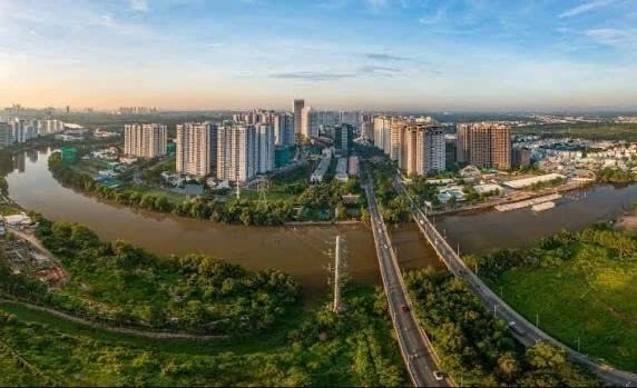 Một góc đô thị xã Nhà Bè nhìn từ trên cao. (Ảnh: Xã Nhà Bè)