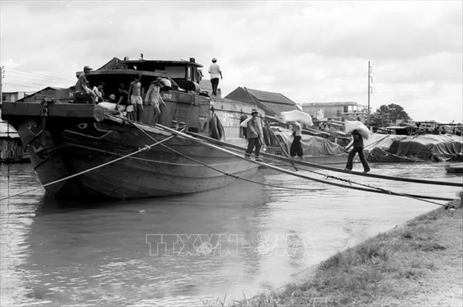 Bốc dỡ gạo lên thuyền ở Công ty Lương thực Thành phố Hồ Chí Minh. (Ảnh: TTXVN)