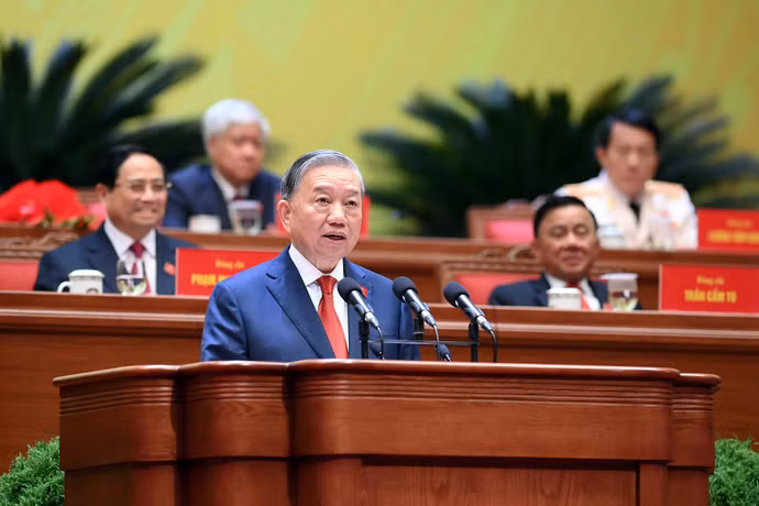 Đồng chí Tô Lâm, Tổng Bí thư Ban Chấp hành Đảng Cộng sản Việt Nam khóa XIV đọc Diễn văn bế mạc Đại hội đại biểu toàn quốc lần thứ XIV của Đảng.