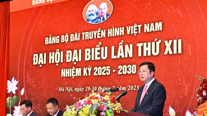 Bí thư Đảng ủy, Tổng Giám đốc Đài Truyền hình Việt Nam Nguyễn Thanh Lâm phát biểu ý kiến tại Đại hội. (Ảnh: Trần Hải)